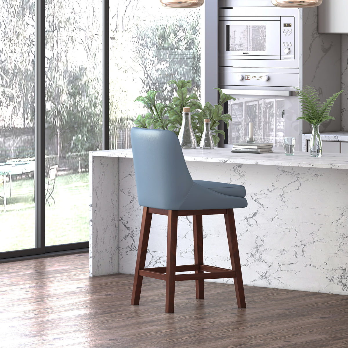 26" Counter Height Bar Stools, Solid Wood Faux Leather, Dark Blue Set of 4 T9374