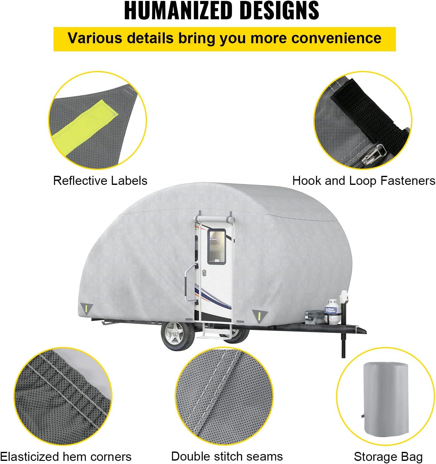 Teardrop Trailer Cover, Fit for 12' - 15' Trailers, Non-Woven 4 Layers Camper Cover with 2 Wind-proof Straps and 1 Storage Bag R622519