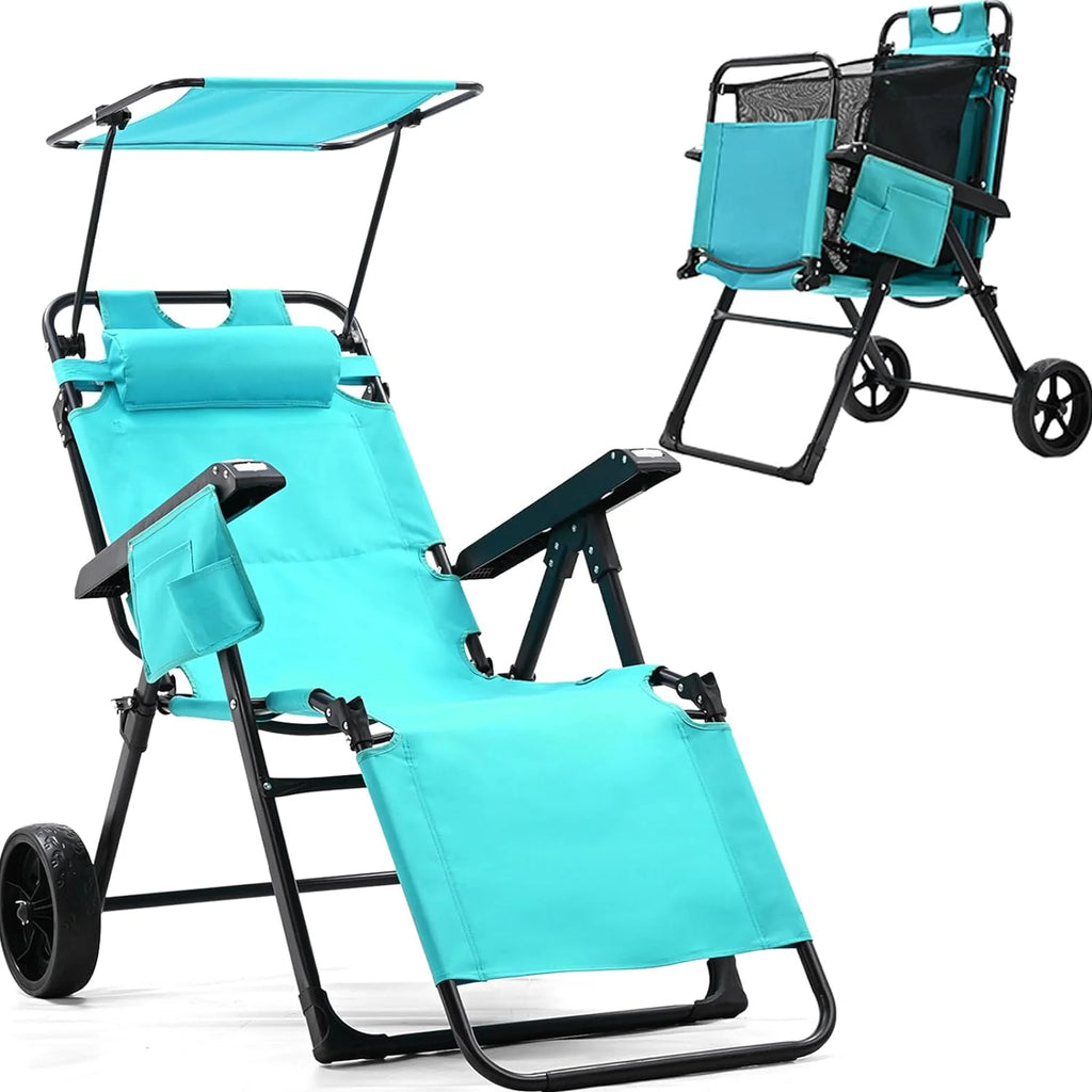 2 in 1 Foldable Chaise Lounge Chair with Wagon Cart and Wheels O64274