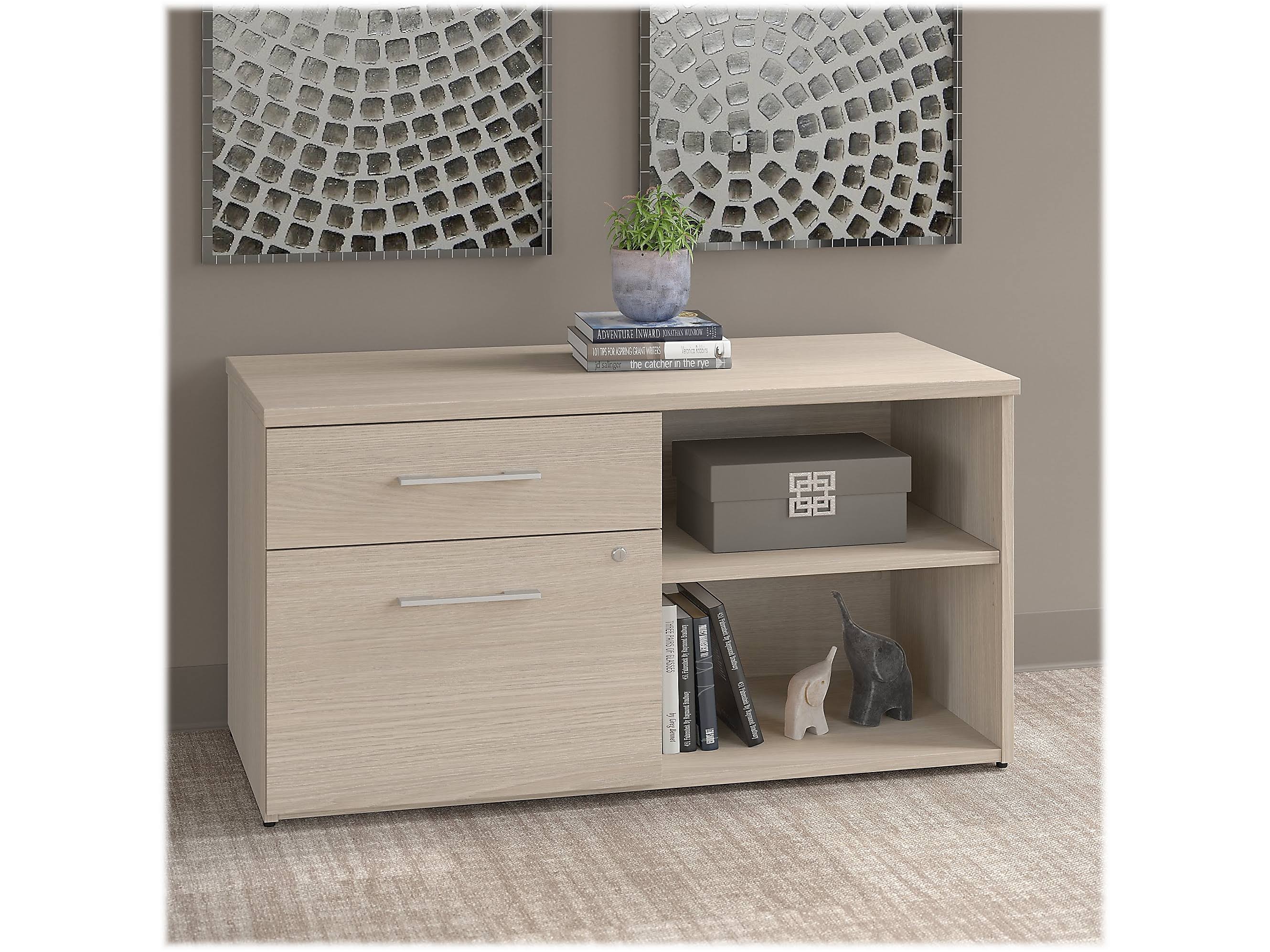 Sand Oak Low Storage Cabinet with Drawers and Shelves X733