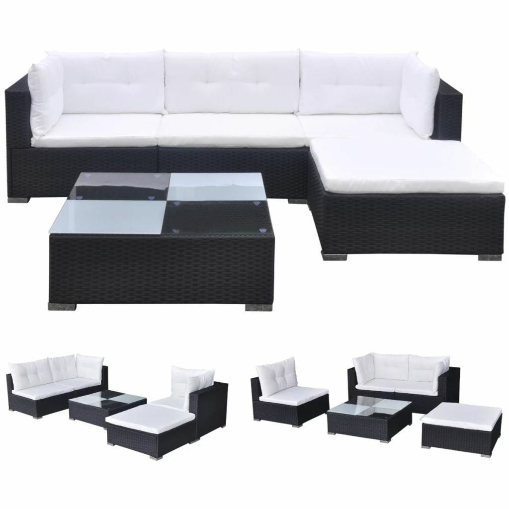 5 Piece Outdoor Sectional Sofa Lounge with Coffee Table and Ottoman Set Cushioned Poly Rattan E4655