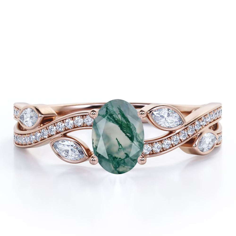 1.5 Carat Oval Moss Green Agate And Moissanite Engagement Ring In 18K Rose Gold Plating Over Silver E783123