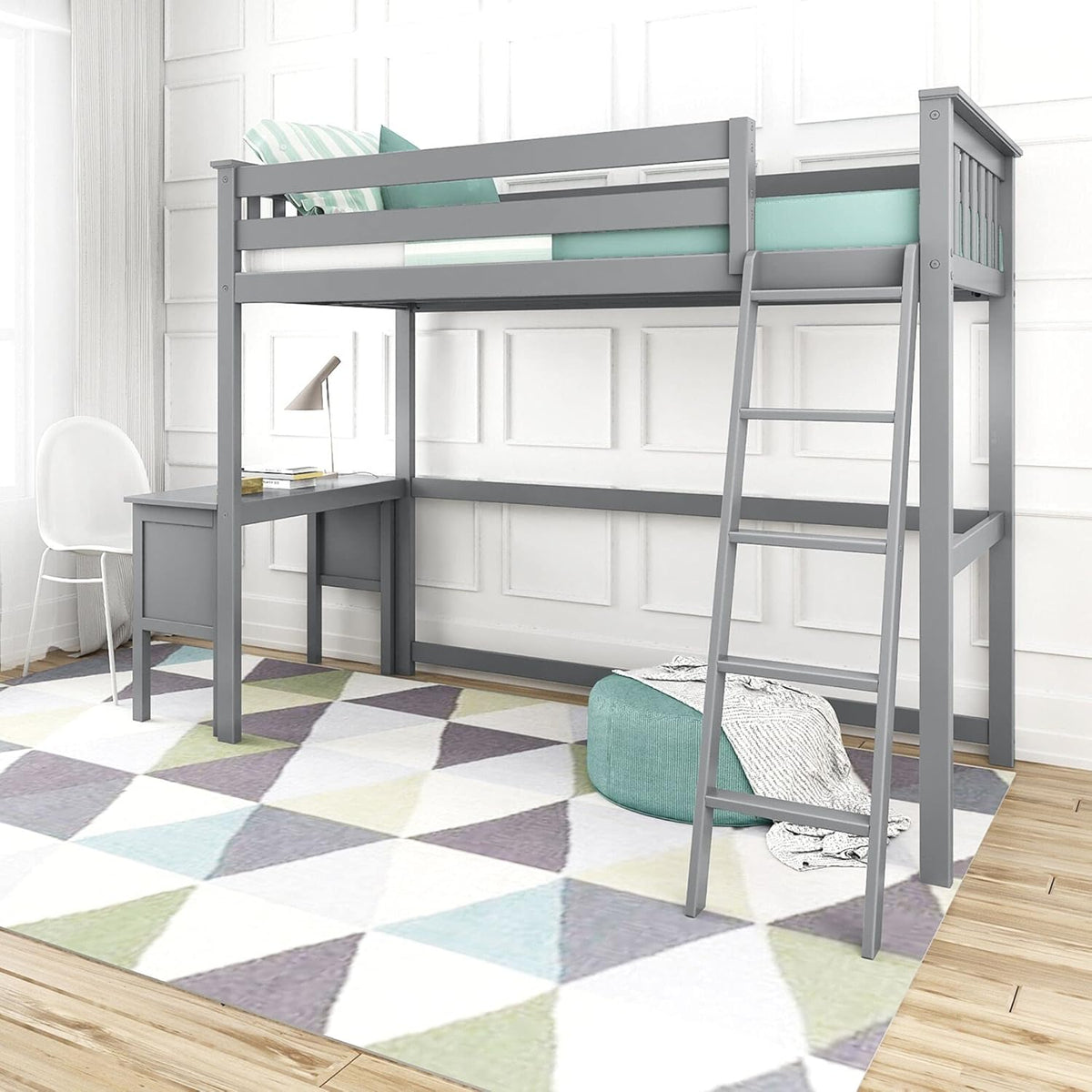 White Twin High Loft Bed with Bookcase and Desk T9336