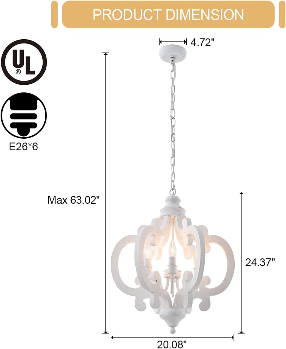 Farmhouse Chandelier 6 Candle Lights Distressed White Wood Light Fixture, 21 INCH M60704