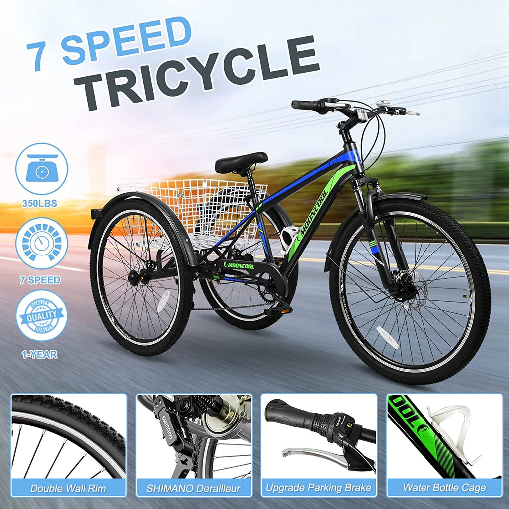 Adult Mountain Tricycle 27.5 Inch 7 Speed Three Wheel Trike Bike with Large Basket Y3573