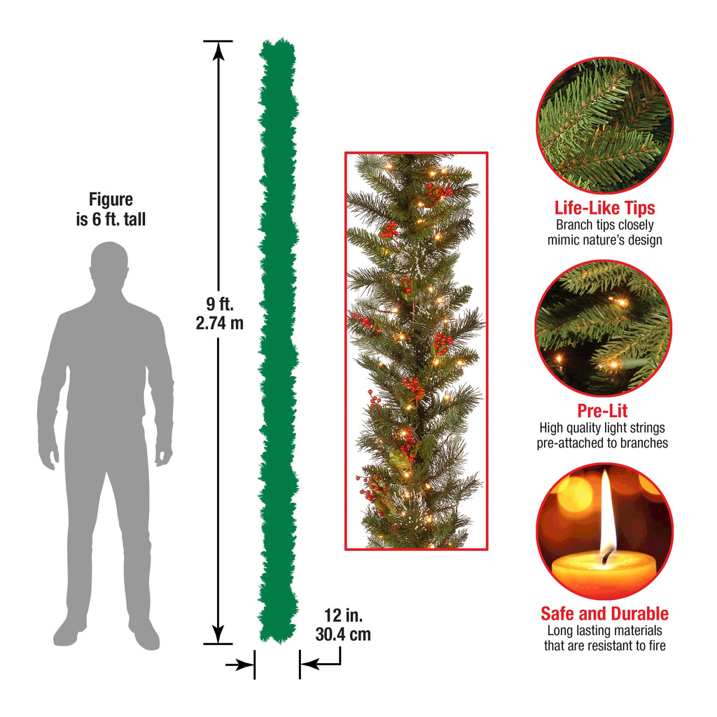 Pre-Lit Artificial Christmas Garland, Green, White Lights, 9 Feet A51330