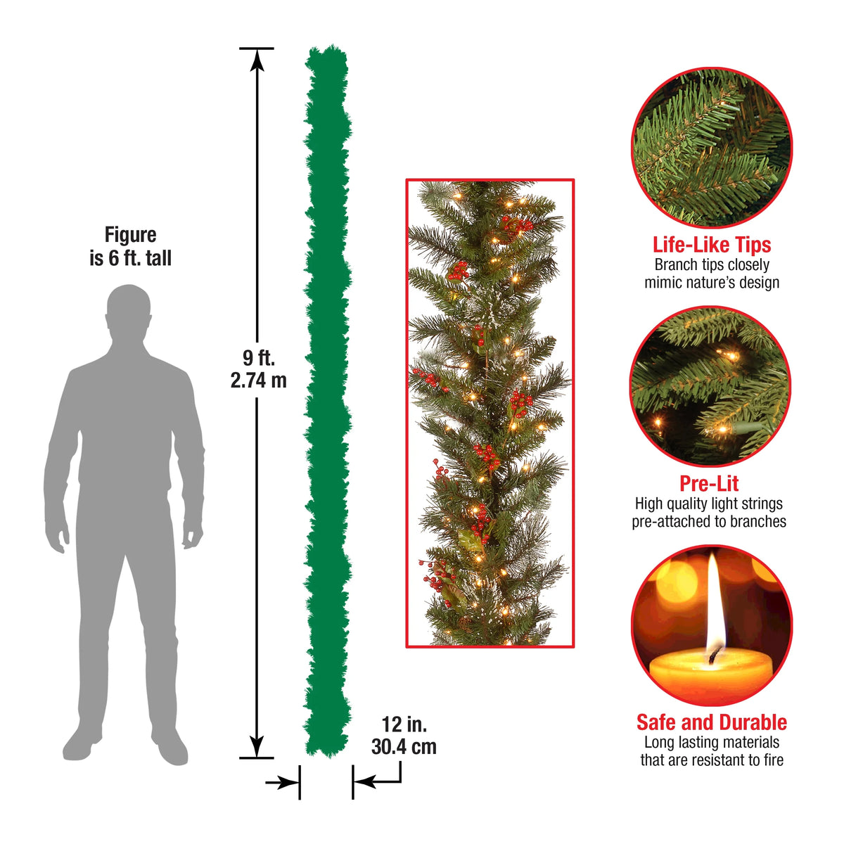 Pre-Lit Artificial Christmas Garland, Green, White Lights, 9 Feet A51330