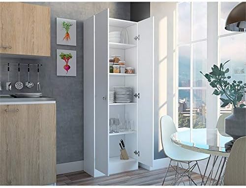 White & Light Oak Kitchen Tall Utility Storage Pantry Cabinet with Metal Handles C7806
