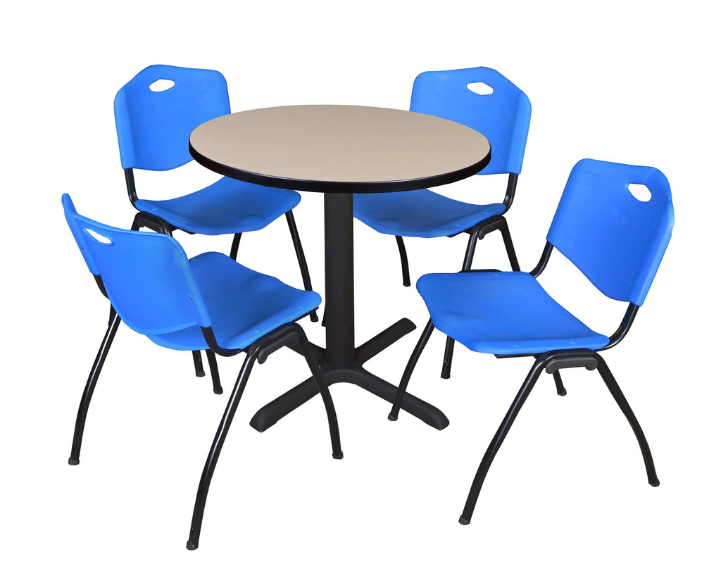 30x22 Round Breakroom Table Grey & 4 Stack Chairs Blue Y773