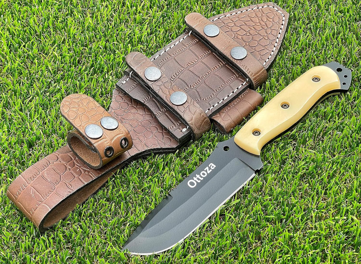 1095 Carbon Steel Bushcraft Knife with Bone Handle and Sheath T524467