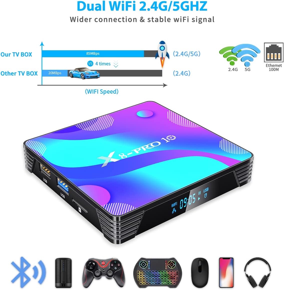 Android TV Box 4GB RAM 32GB ROM with Mini Wireless Backlit Keyboard, RK3318 Quad-Core 64 Bits Dual-WiFi 2.4GHz/5GHz BT 4.2 USB 3.0 3D 4K Pack of 2 M65196