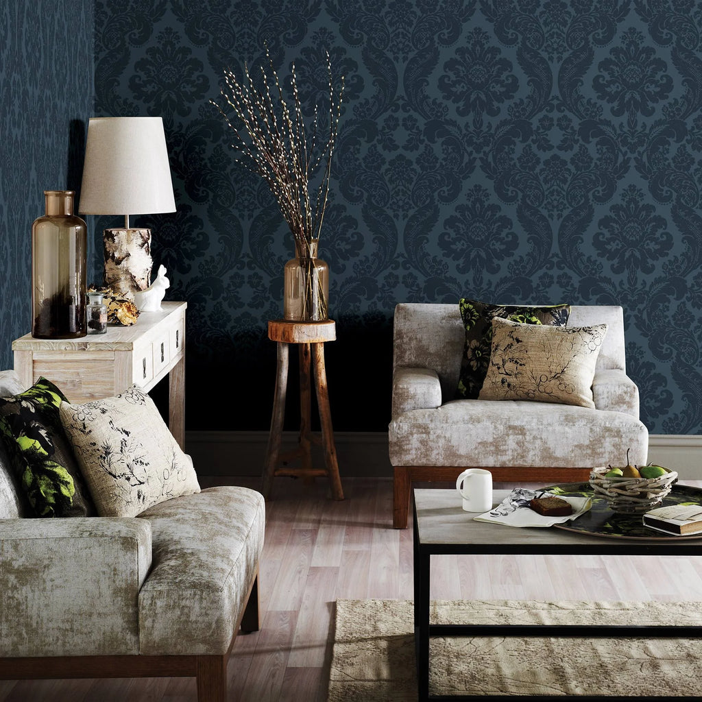 Shadow Blue Damask Wallpaper A824