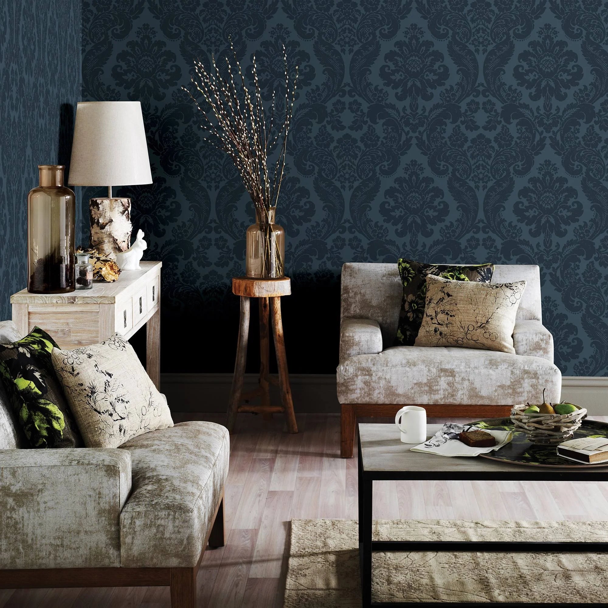 Shadow Blue Damask Wallpaper A824