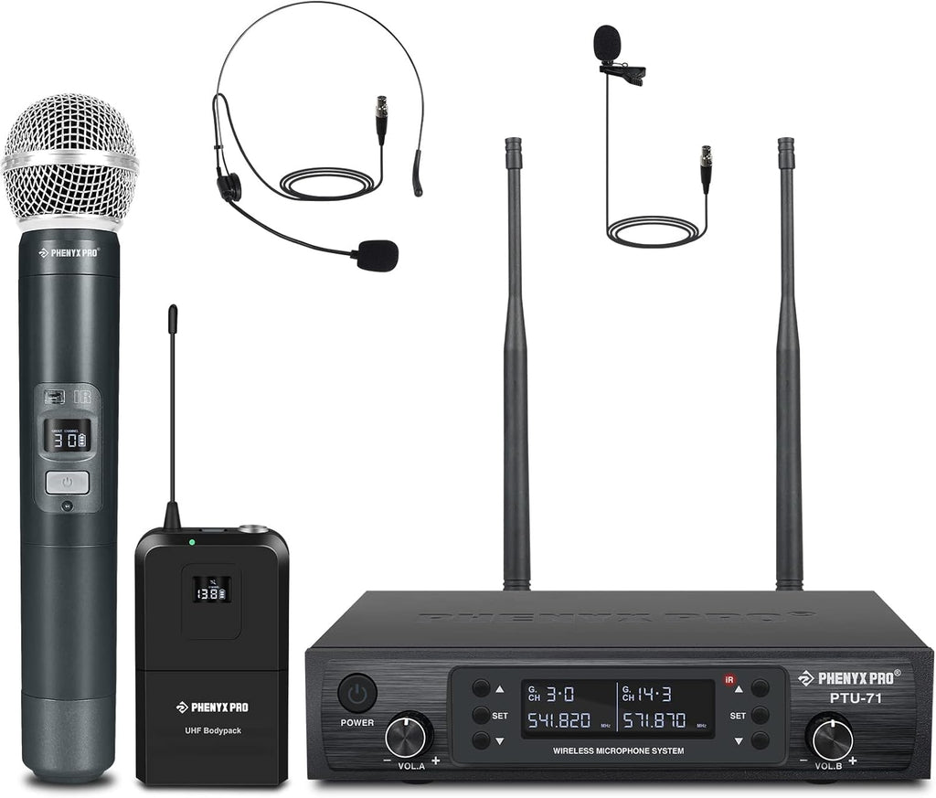 Dual Channel Wireless Microphone System with Handheld, Bodypack, Headset, Lapel J643