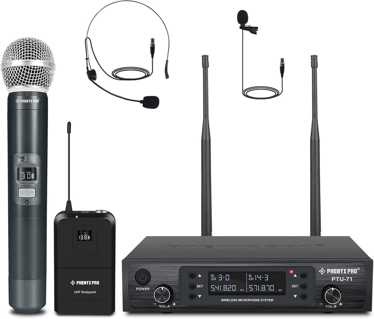 Dual Channel Wireless Microphone System with Handheld, Bodypack, Headset, Lapel J643
