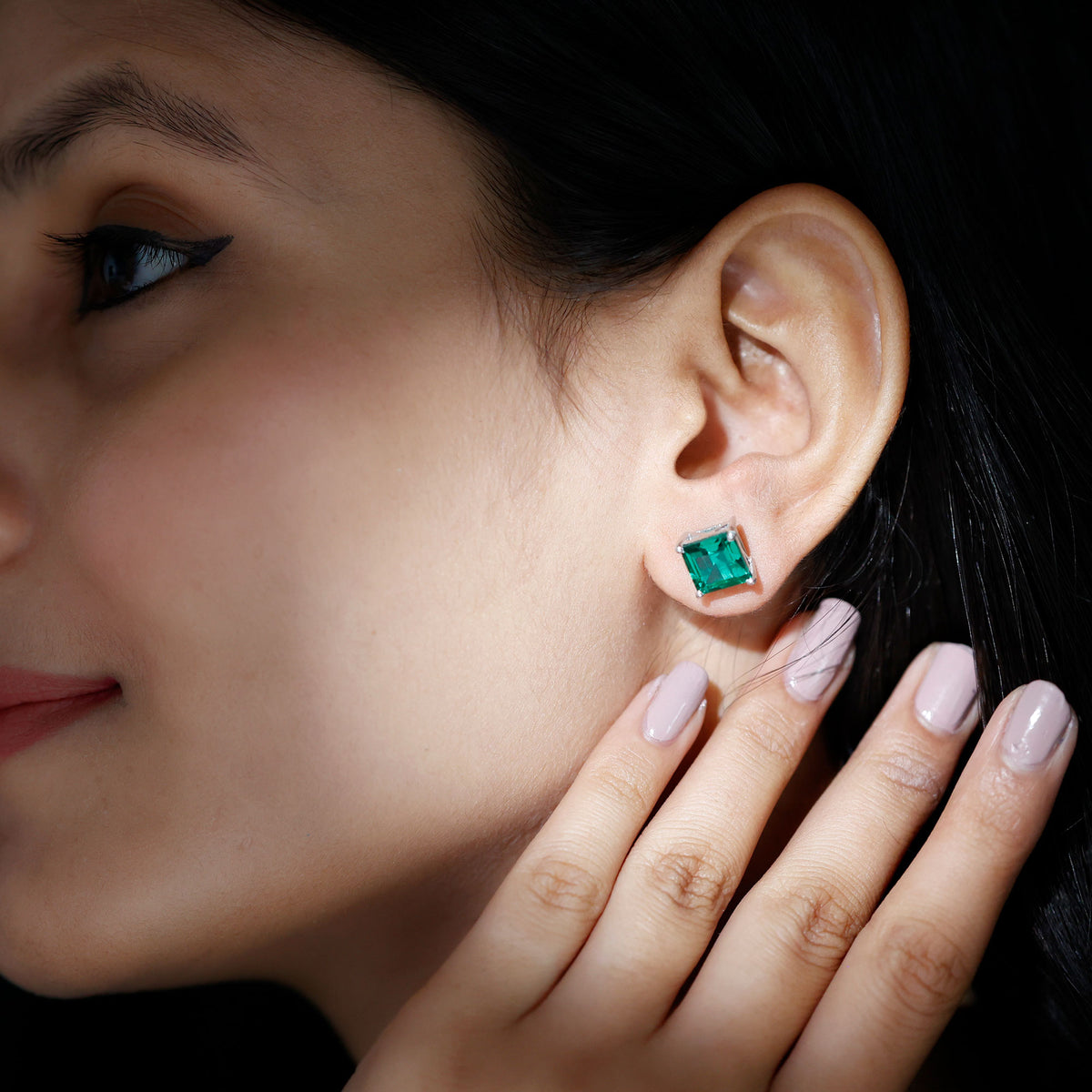 Princess Cut Created Emerald Solitaire Stud Earrings, 8 mm, 925 Sterling Silver J2305