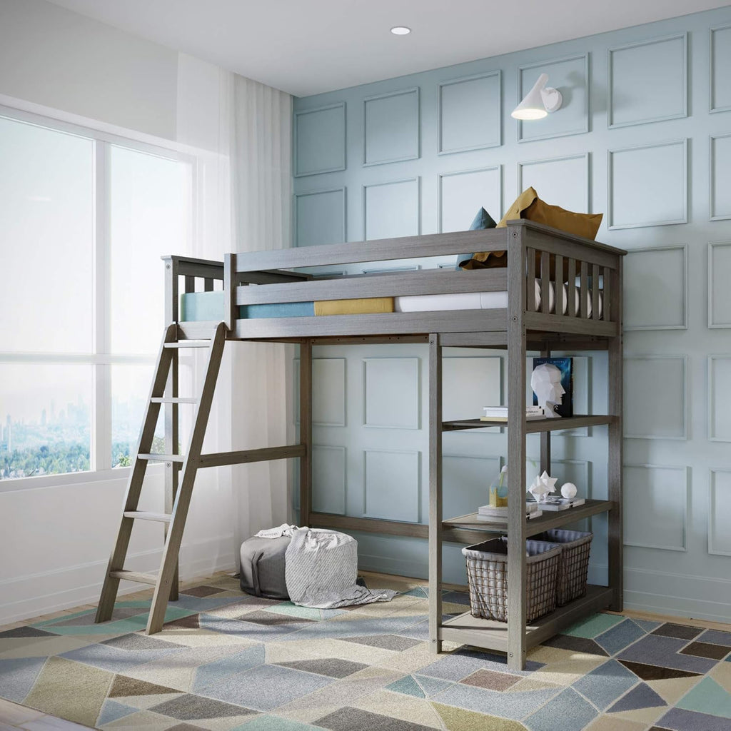 White Twin High Loft Bed with Bookcase and Desk T9336