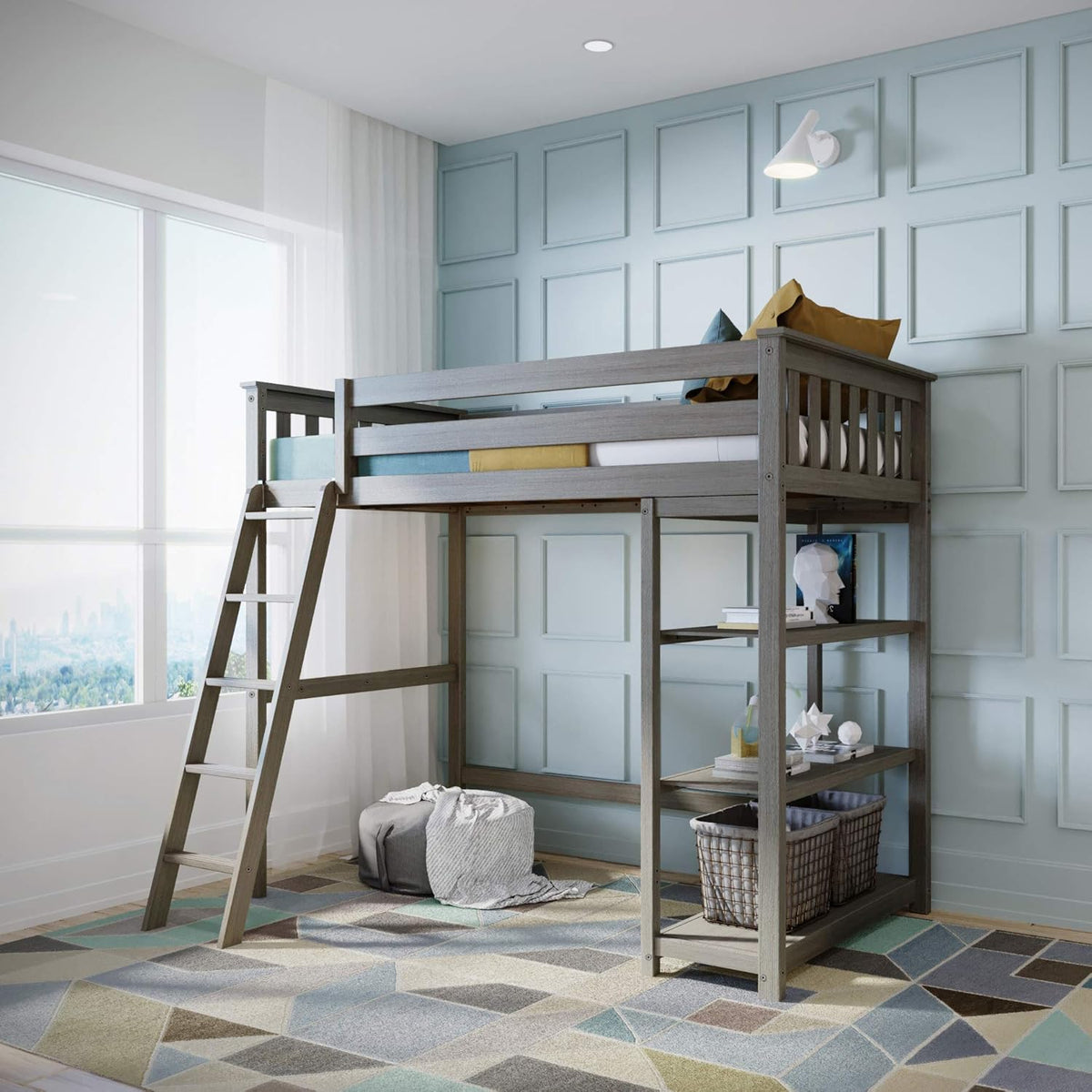 White Twin High Loft Bed with Bookcase and Desk T9336