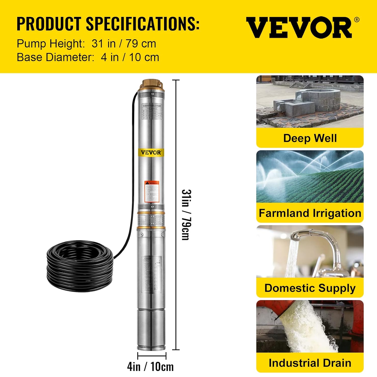 1 HP Submersible Well Pump 33GPM 207ft Head 9.8ft Cable Stainless Steel A7343