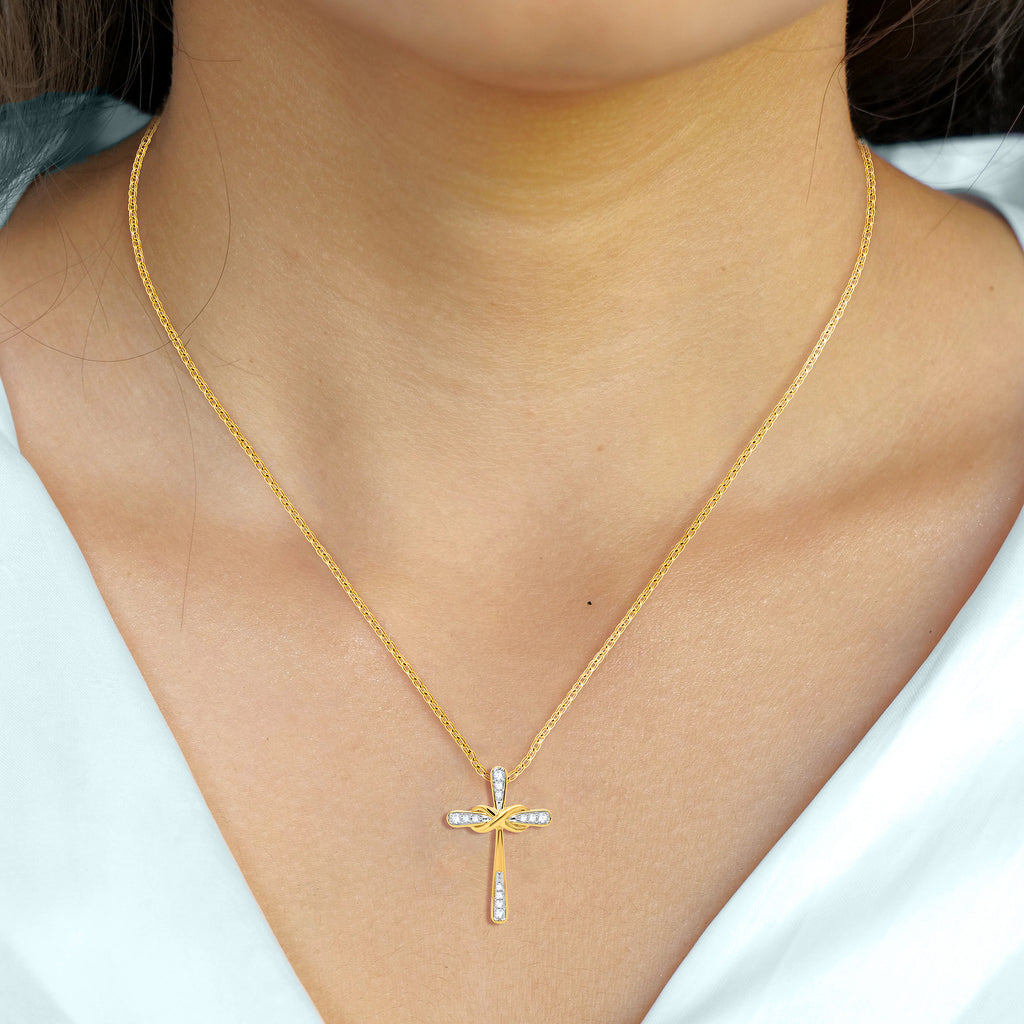 18K Yellow Gold Plated Diamond Cross Pendant Necklace W568