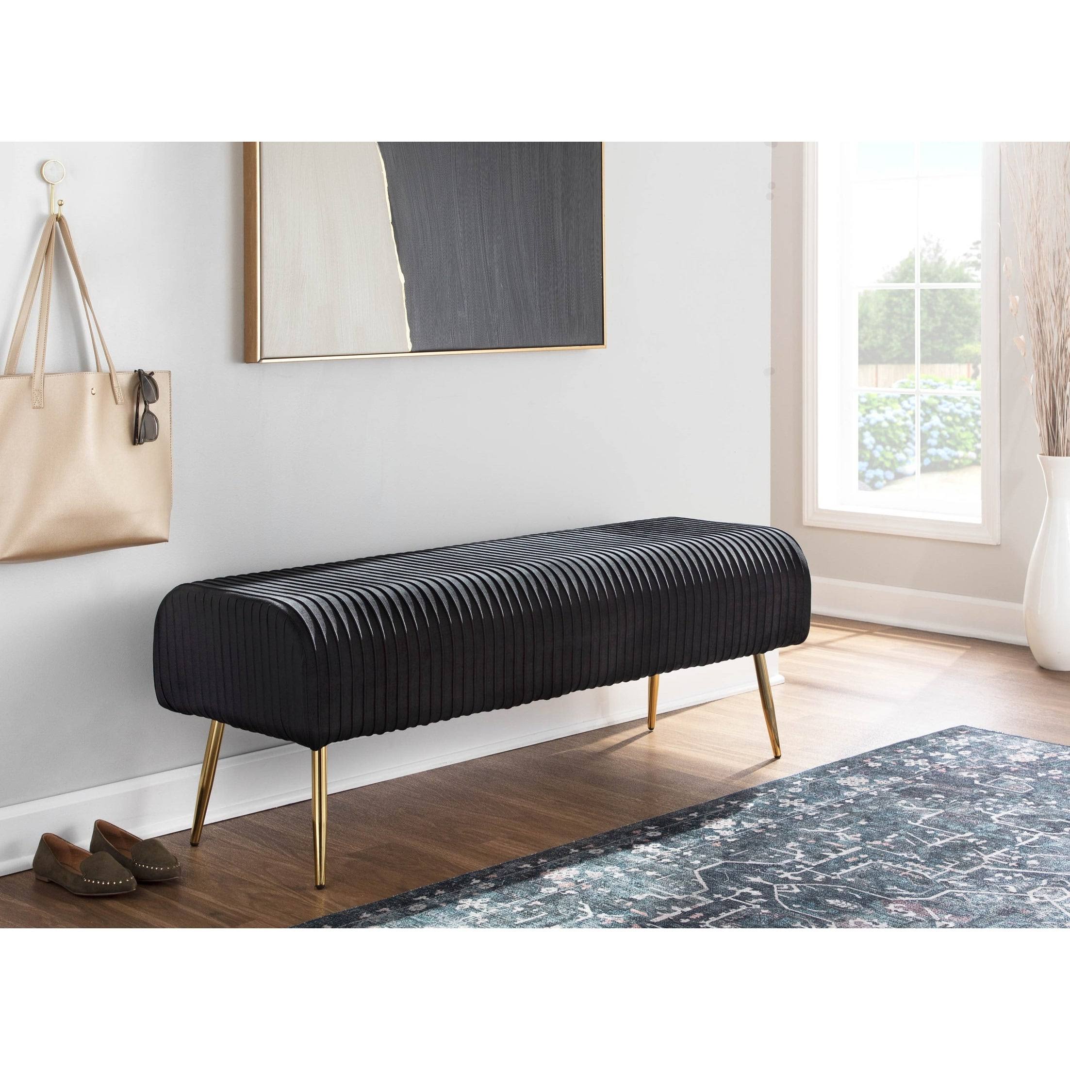 Silver Velvet and Gold Steel Pleated Bench U8512