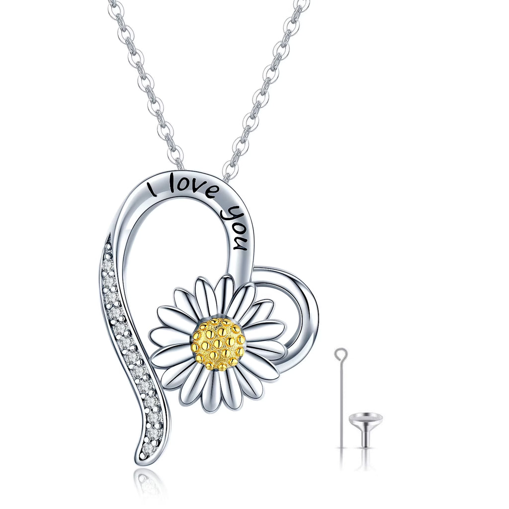 Heart Daisy Urn Necklace 925 Sterling Silver Pendant Necklace M1541