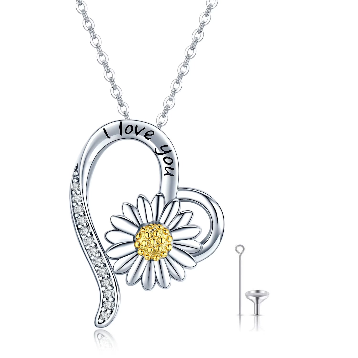 Heart Daisy Urn Necklace 925 Sterling Silver Pendant Necklace M1541