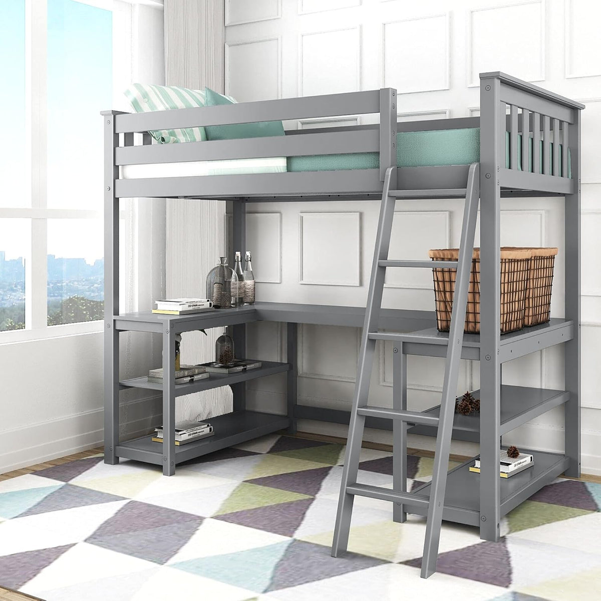 White Twin High Loft Bed with Bookcase and Desk T9336