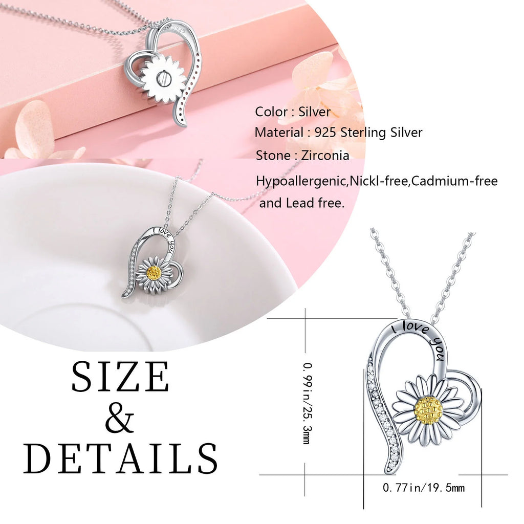 Heart Daisy Urn Necklace 925 Sterling Silver Pendant Necklace M1541