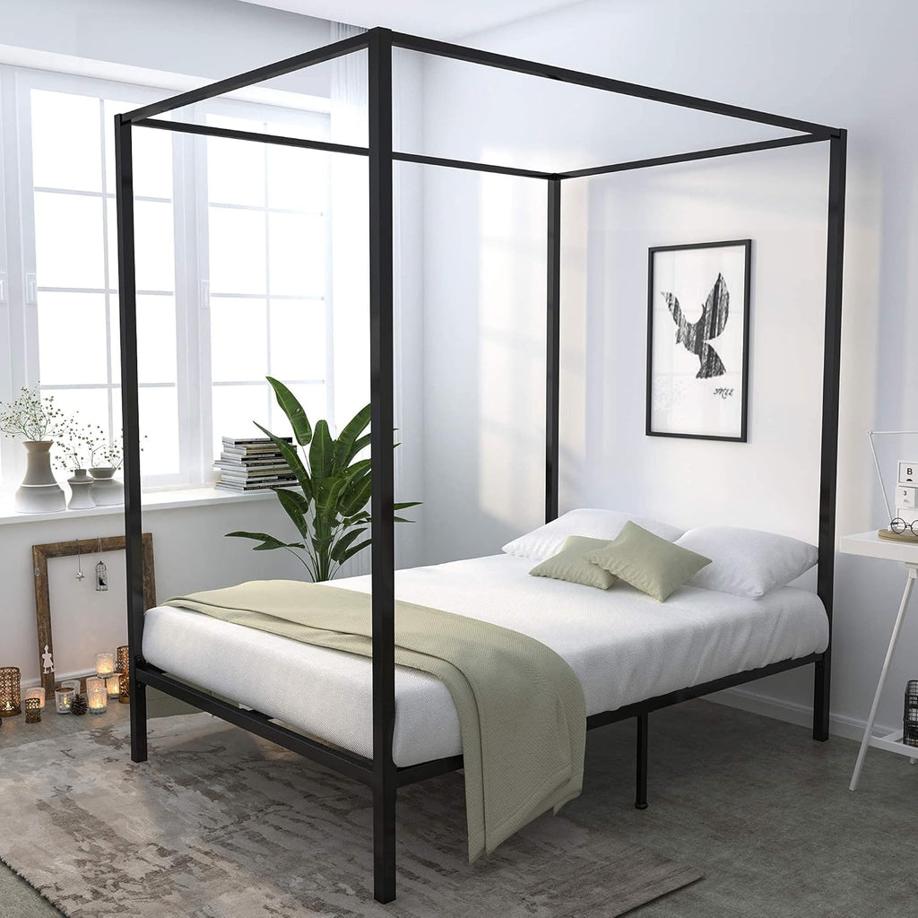 Metal Queen Size Canopy Bed Frame with Wood Slat Support I463983