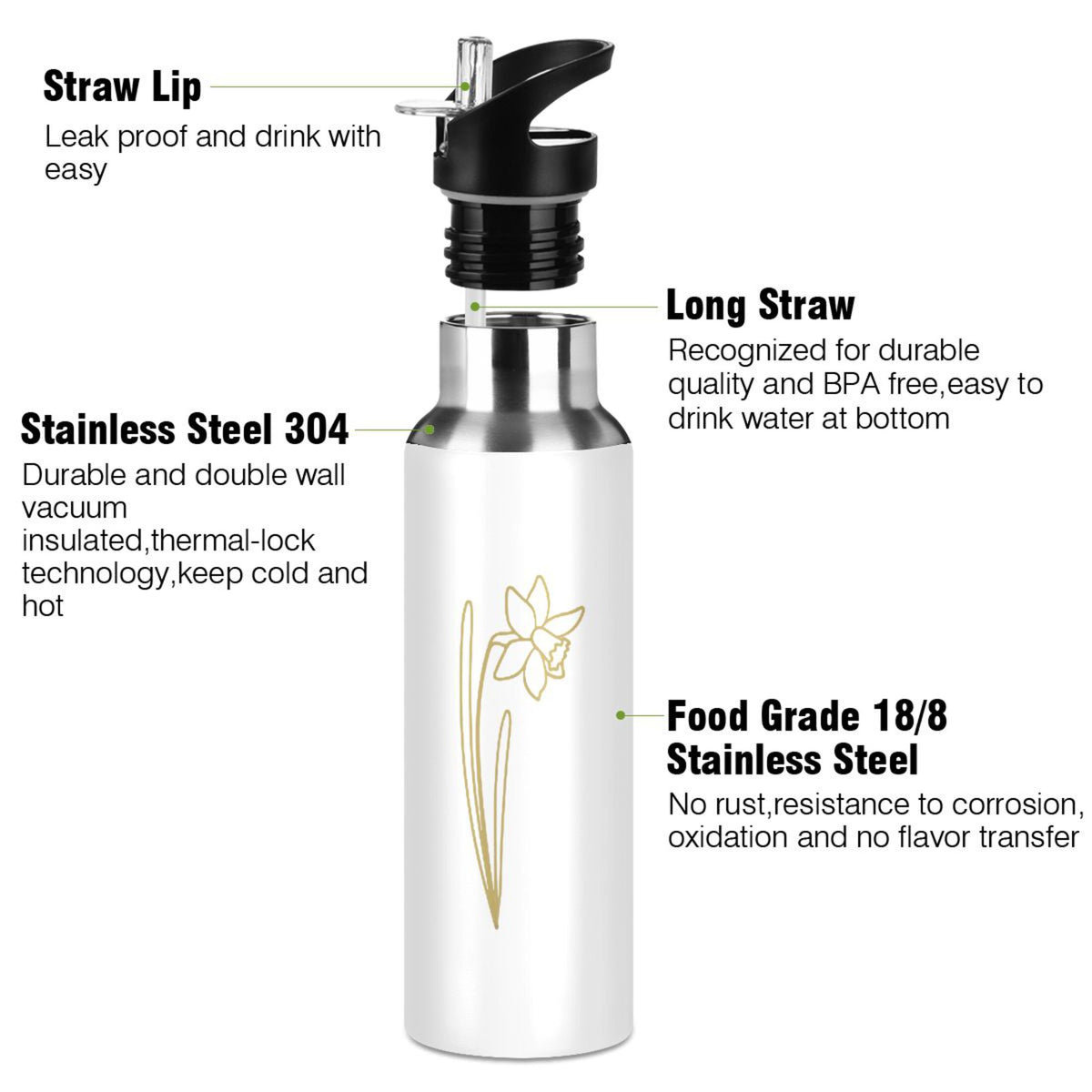 Stainless Steel Insulated Water Bottle with Straw Lid O127