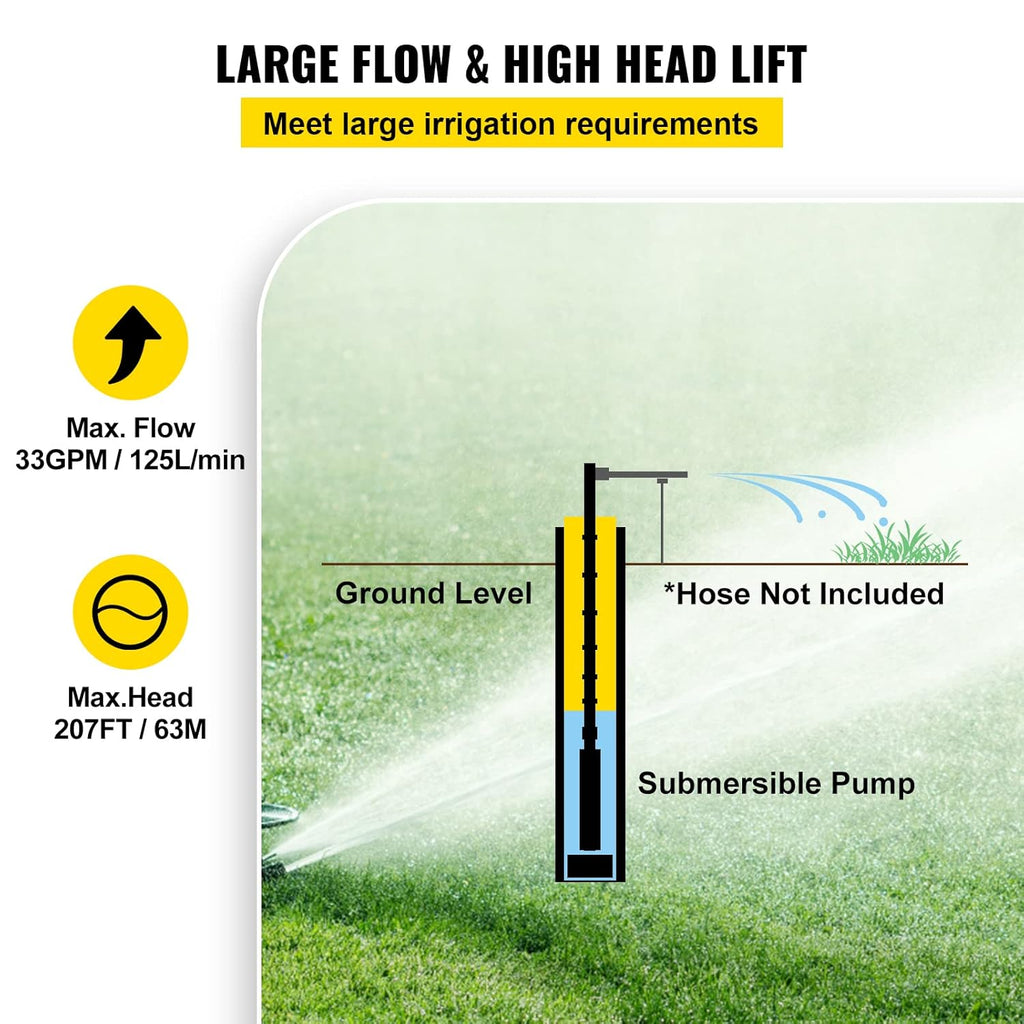 1 HP Submersible Well Pump 33GPM 207ft Head 9.8ft Cable Stainless Steel A7343