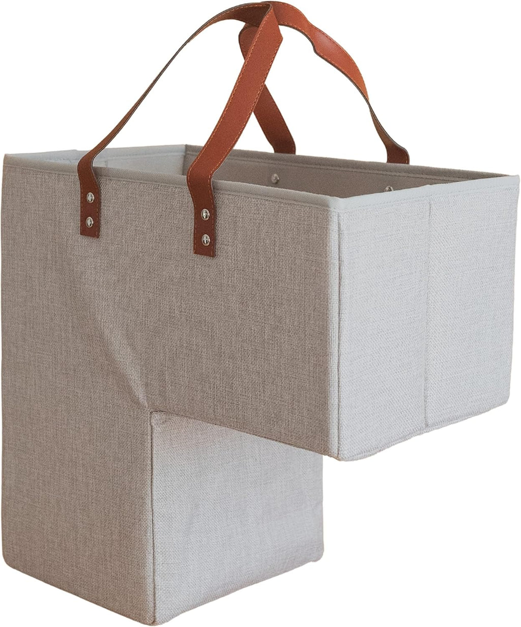 Beige Staircase Baskets with Leather Handles, Pack of 2 J2252