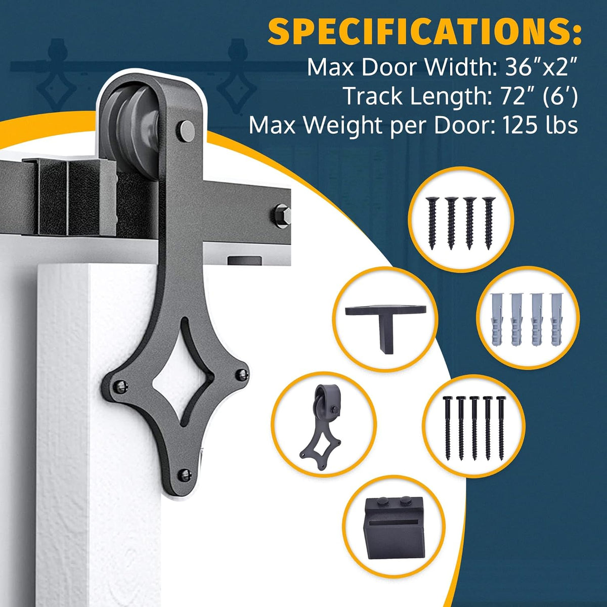 Black Sliding Barn Door Hardware Kit with Stamped Steel Rail Mount Hardware A3763