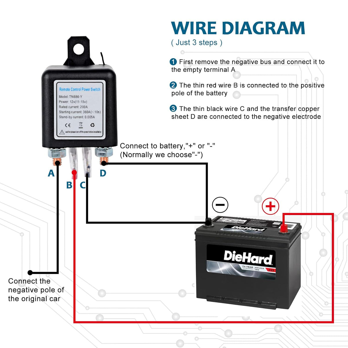 Wireless Remote Control Battery Disconnect Switch for Car DC12V 200A Y94820