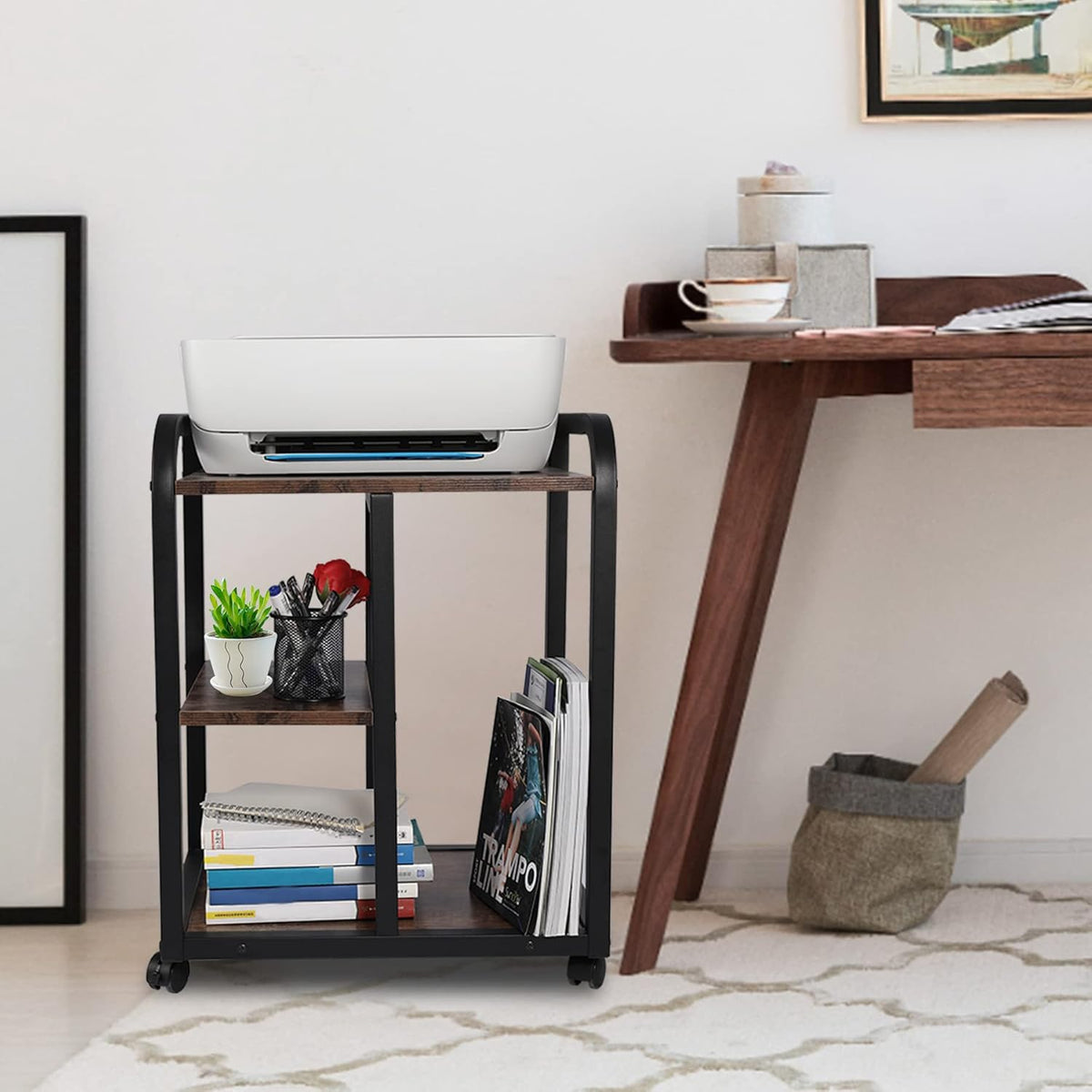 Brown 3 Tier Rolling Printer Cart with Storage L9552
