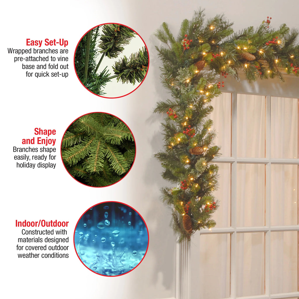 Pre-Lit Artificial Christmas Garland, Green, White Lights, 9 Feet A51330
