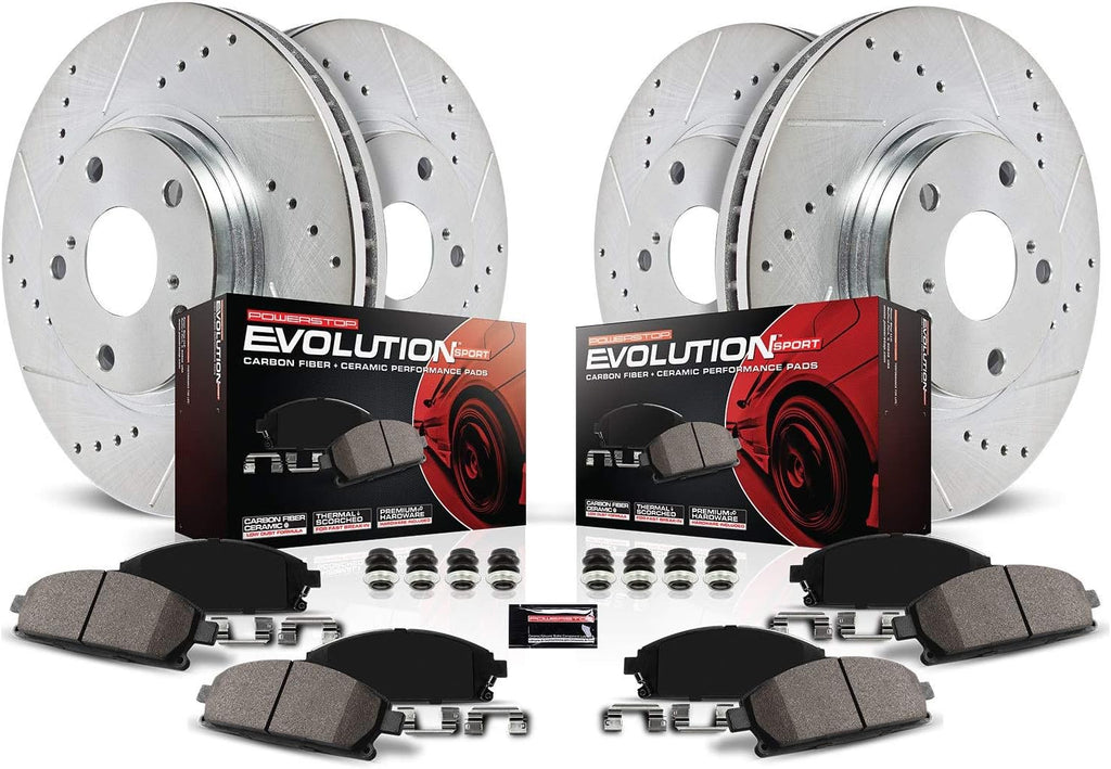 Front and Rear Carbon Fiber Brake Pads with Drilled & Slotted Brake Rotors Kit Q2055