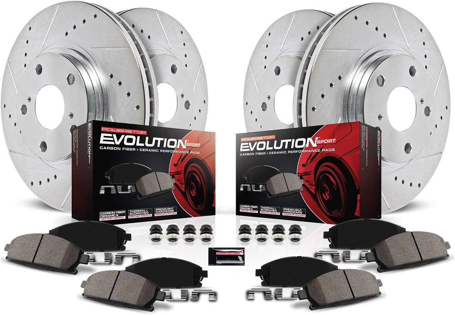 Front and Rear Carbon Fiber Brake Pads with Drilled & Slotted Brake Rotors Kit Q2055