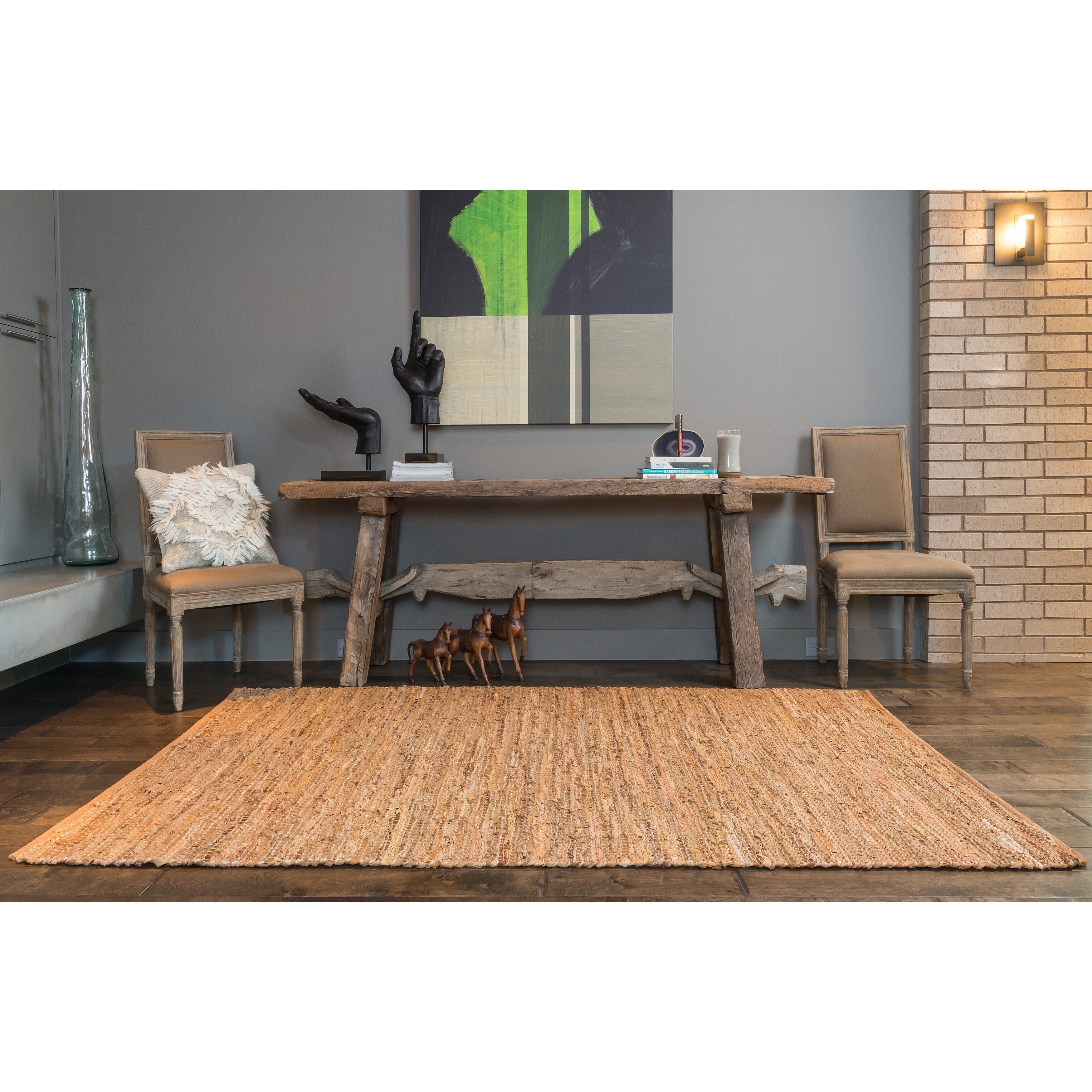 Farmhouse Jute and Leather Handwoven Area Rug Tan 5' x 7'6" Natural Fiber A68872