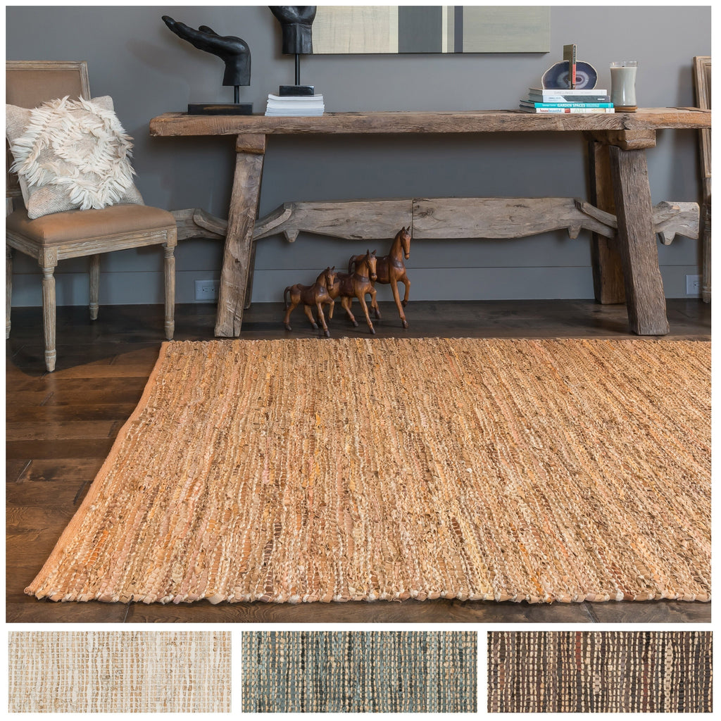 Farmhouse Jute and Leather Handwoven Area Rug Tan 5' x 7'6" Natural Fiber A68872