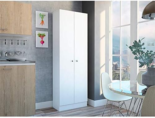 White & Light Oak Kitchen Tall Utility Storage Pantry Cabinet with Metal Handles C7806