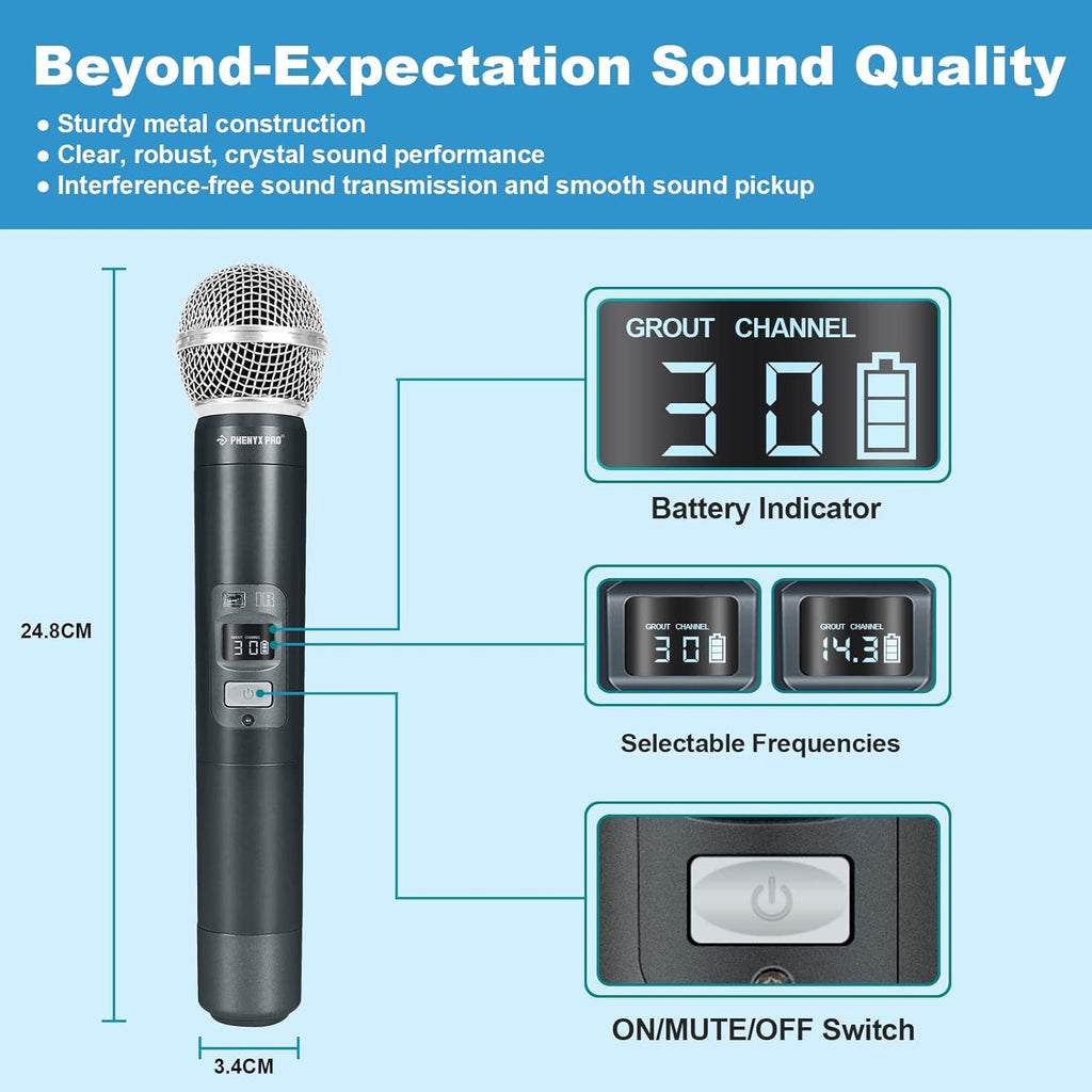 Dual Channel Wireless Microphone System with Handheld, Bodypack, Headset, Lapel J643