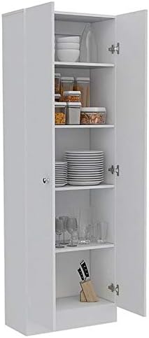 White & Light Oak Kitchen Tall Utility Storage Pantry Cabinet with Metal Handles C7806