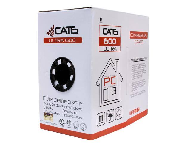 Cat6 Unshielded Bulk Ethernet Cable, Riser CMR, UTP, Solid 24 AWG Yellow A254