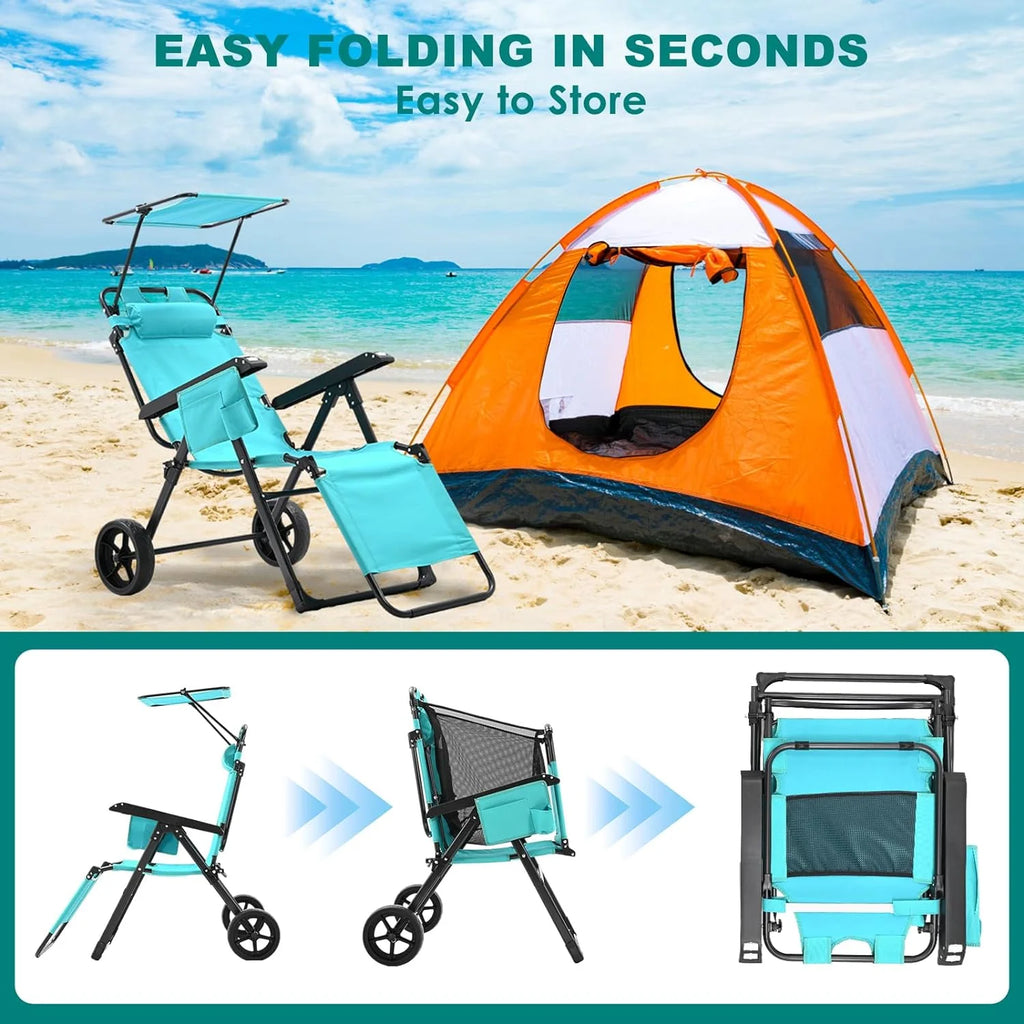 2 in 1 Foldable Chaise Lounge Chair with Wagon Cart and Wheels O64274