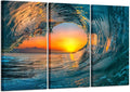 3 Pieces Large Canvas Prints Wall Art Sunset Sea Water Ocean Wave Paintings Stretched and Framed Seascape Giclee Artwork Ready to Hang J987484