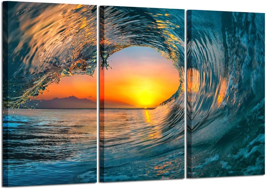 3 Pieces Large Canvas Prints Wall Art Sunset Sea Water Ocean Wave Paintings Stretched and Framed Seascape Giclee Artwork Ready to Hang J987484