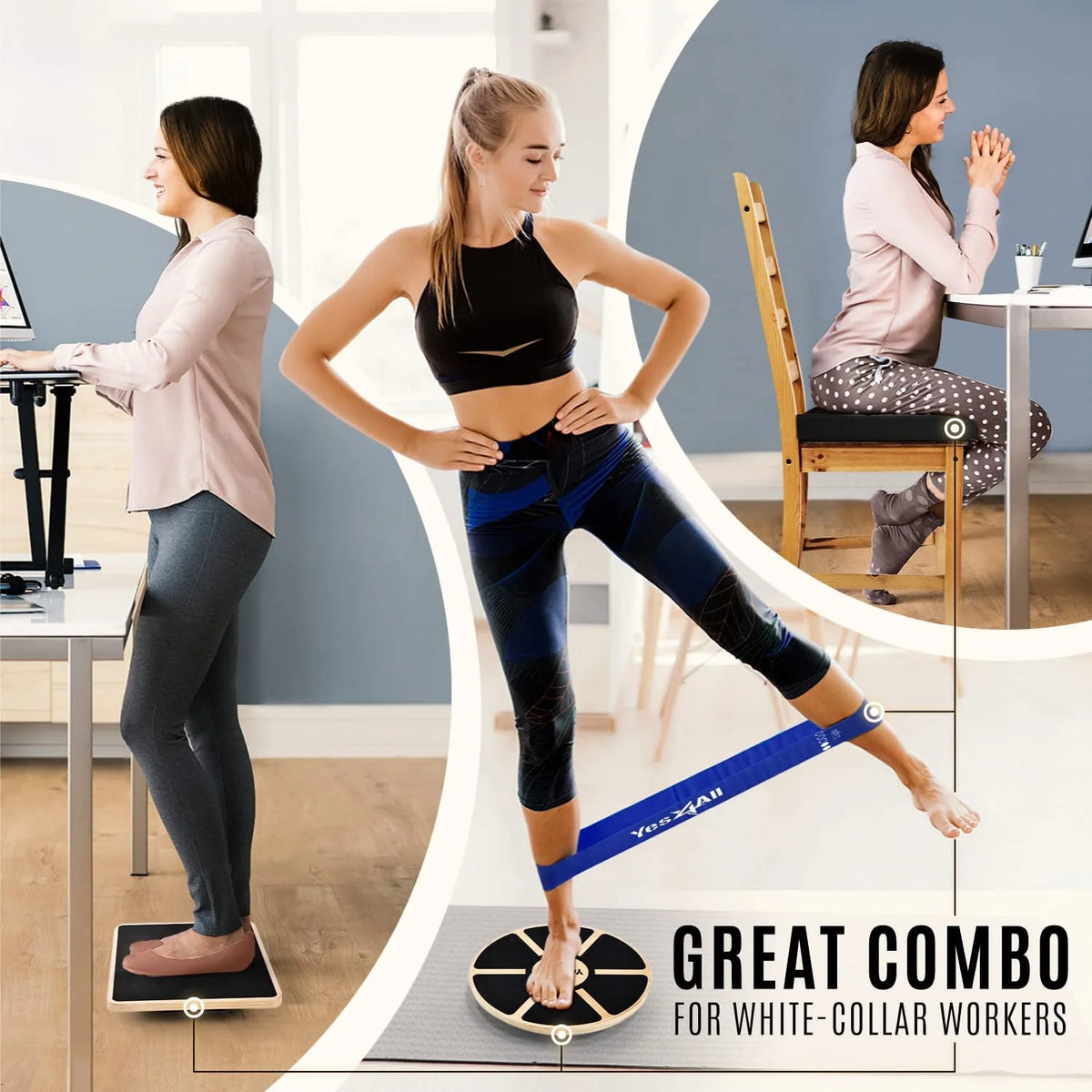 4-in-1 Wooden Wobble Balance Board Set with Balance Pad & Exercise Bands E2561
