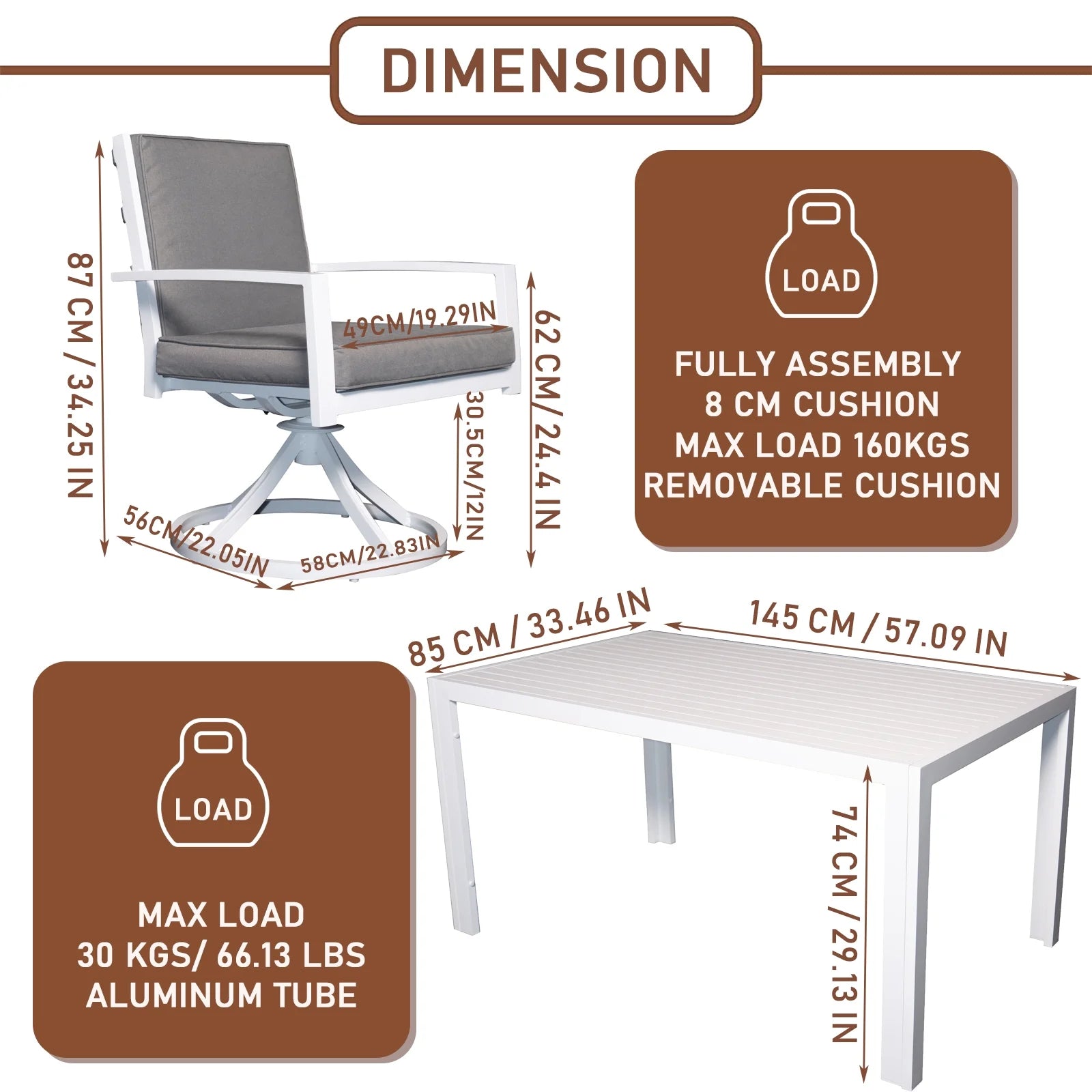 7 Piece Aluminum Outdoor Dining Set with 6 Swivel Chair Padded Cushion I739941